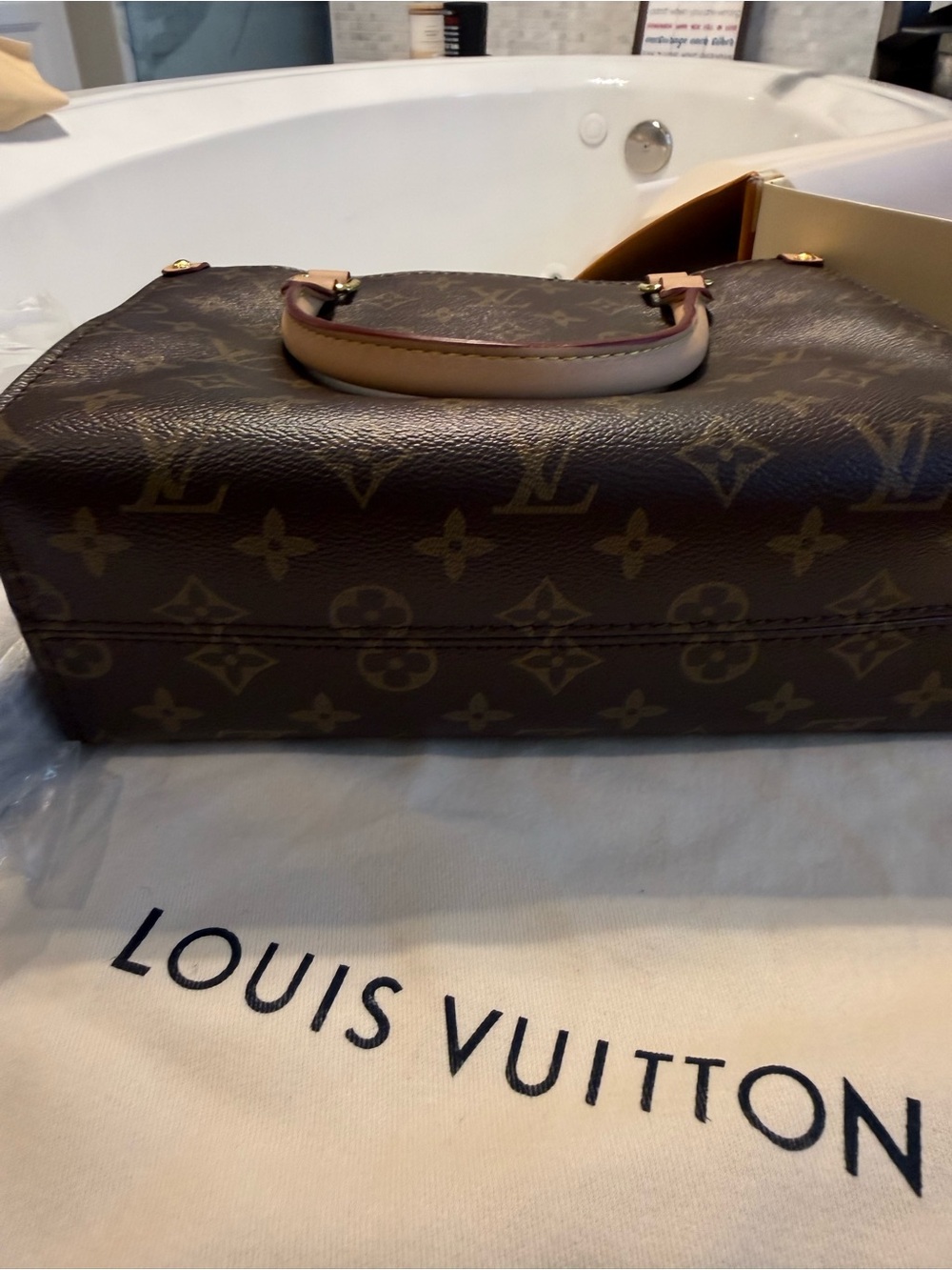 LV Monogram Canvas Tote with Red Trim and Gold Hardware - Picture 4 of 11